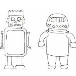 Desenho de cores básicas com conjunto de personagens de robôs para colorir